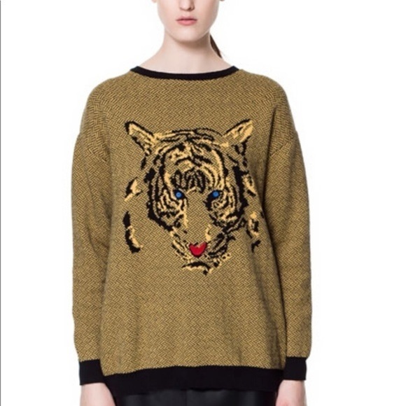 Zara Knit Tiger Crewneck Herringbone Sweater - Picture 7 of 10